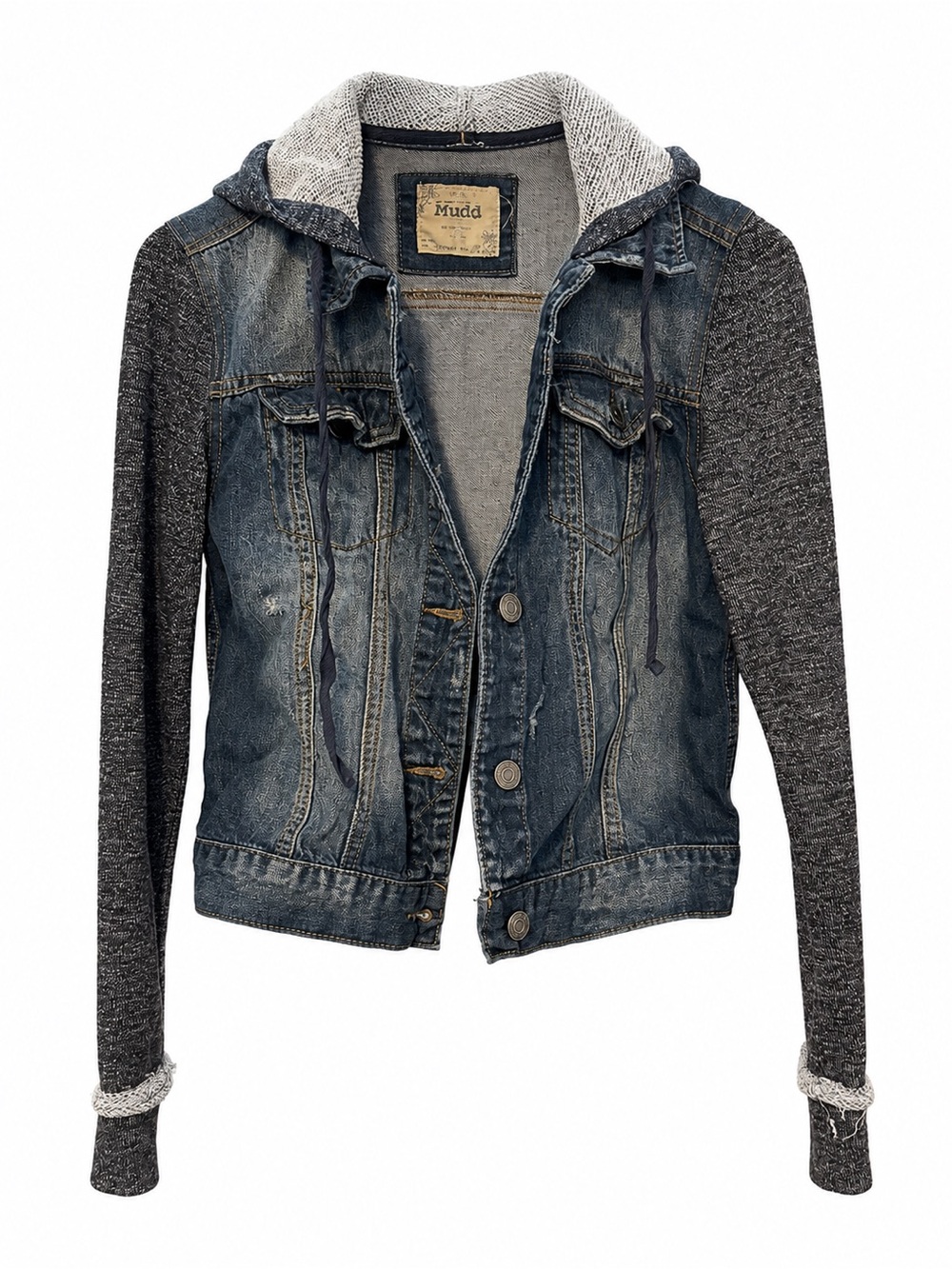 Mudd Hooded Denim Jacket Knit Sleeves Size Small Y2K